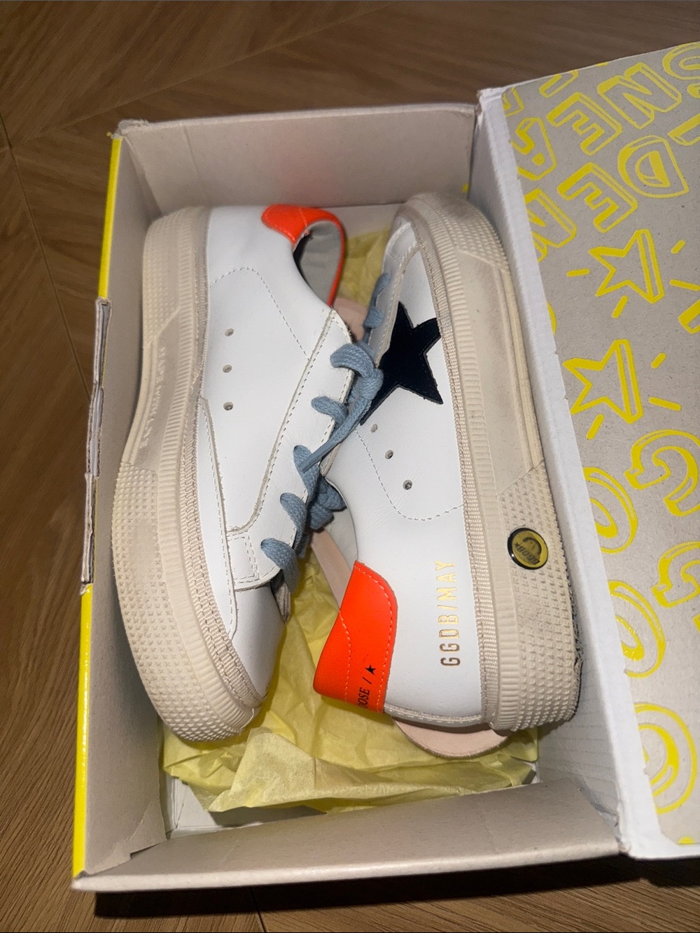 Golden Goose Kids White Sneakers with Bright Orange Heel and Navy Star